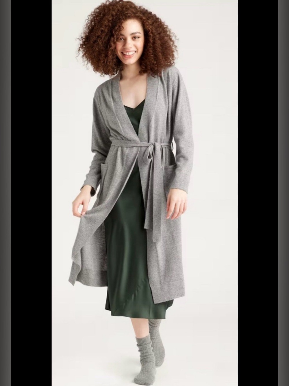 NWT Quince 100% Cashmere Long Open-Front Womens Robe Cardigan belt Light Gray XS